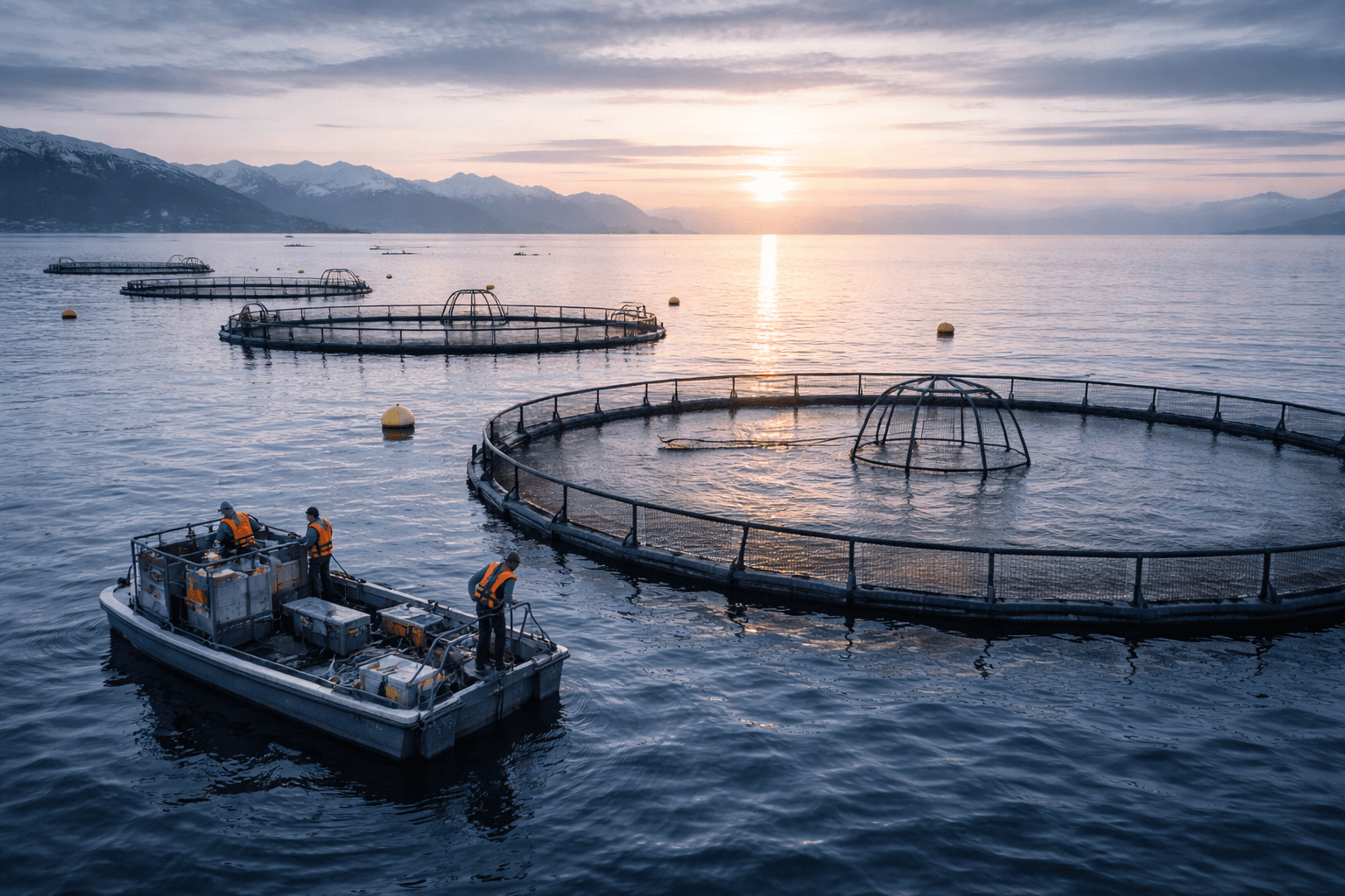 Aquaculture - Offshore fish pens at sunrise